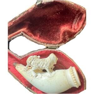 Antique Meerschaum Figural Pipe Dogs Hand Carved w/ Case Estate Rare